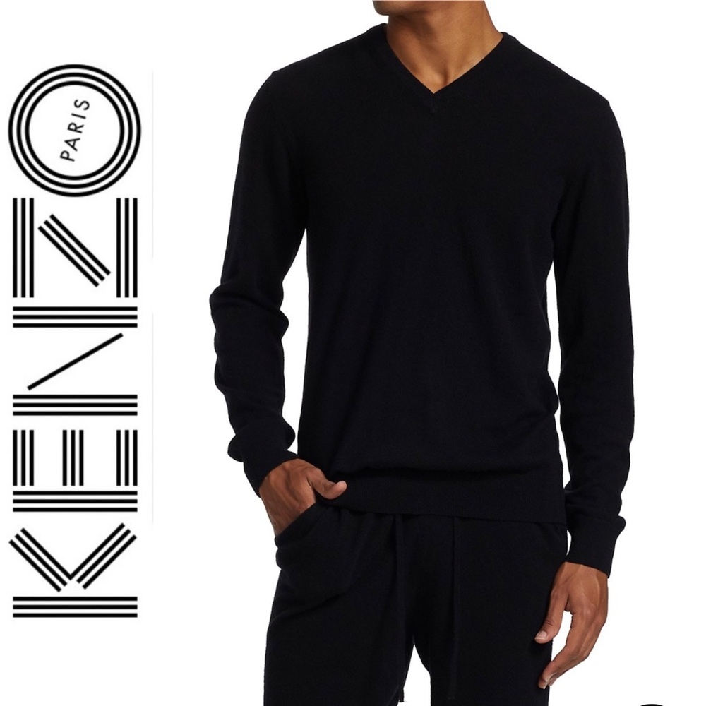 KENZO Homme Men’s Black Lightweight Silk Cashmere Blend V-Neck Basic Sweater L